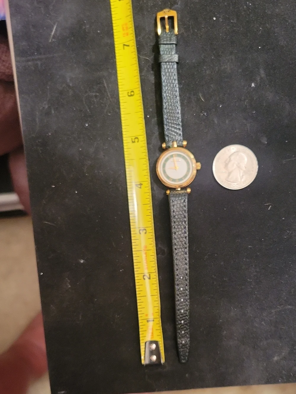 Gucci Gold-Tone Watch with Green Dial and Black Leather Strap